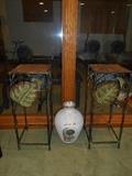 Lower Level: Two metal leaf/rattan plants stands and a large urn.