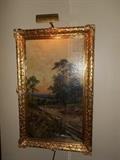 Hall: An original 19th century oil on canvas painting by artist E. Clark (British School). It depicts figures on a path. It is signed and gilt-framed. The canvas measures 32" x 18". The light is included. It was purchased at Selkirk's several years ago.