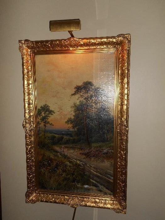 Hall:  An original 19th century oil on canvas painting by artist E. Clark (British School).  It depicts figures on a path.  It is signed and gilt-framed.  The canvas measures 32" x 18".  The light is included.  It was purchased at Selkirk's several years ago.