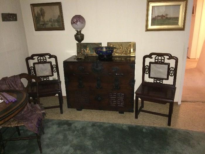 TANSU CHEST AND TWO Chinese SIDE CHAIRS