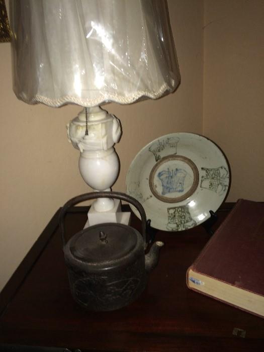 MARBLE LAMP, CHINESE BOWL IRON TEA POT