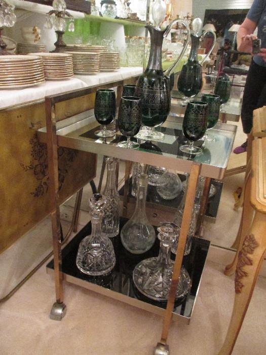 Beautiful glass wine and liquor decanters, Hollywood Regency/Mid Century Modern Bar Cart