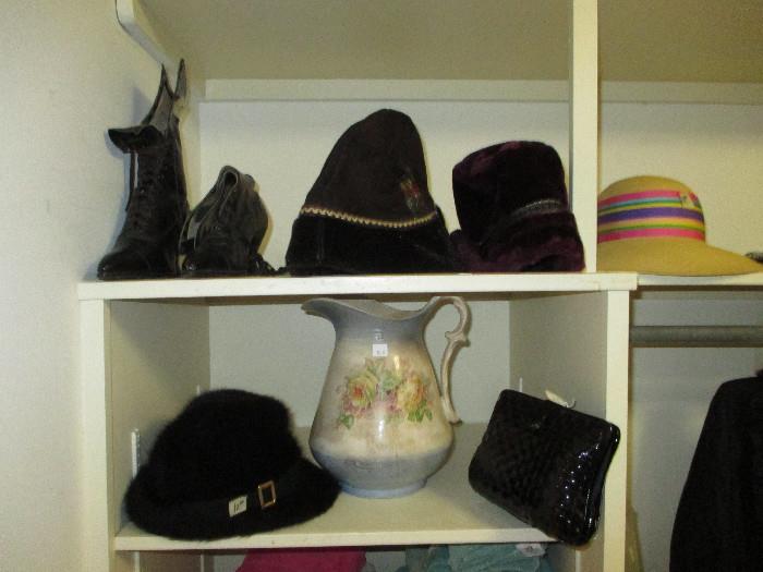 Swiss Alpine Tyrolean Hats, Vintage Victorian Boots, Vintage Basin Pitcher