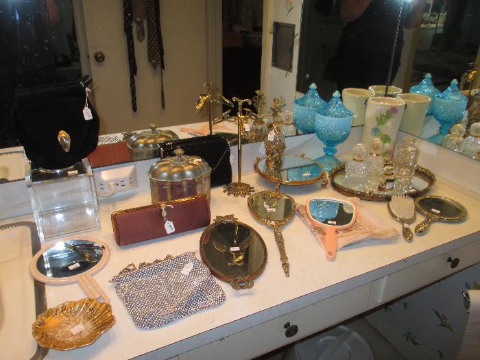Vintage Bathroom Decor, Lovely Filigree Mirrors, Perfume Bottles