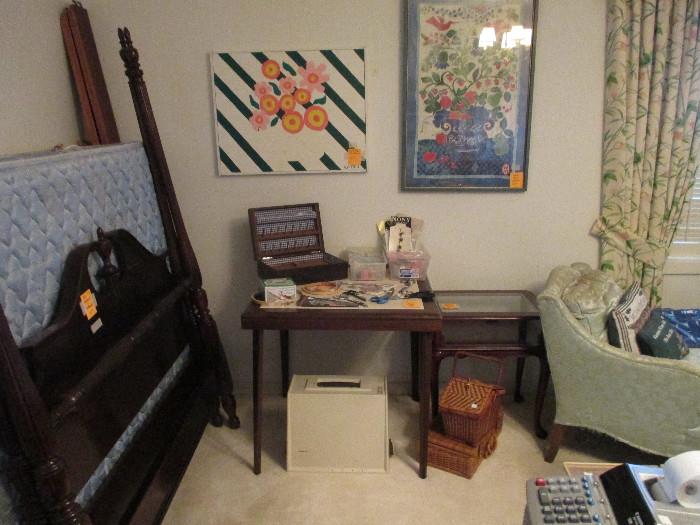 Nice Wall Art, Sewing Box, Sewing Notions, Sewing Machine, Display Table, Stakmore Style Table, Full Size Headboard, Needs Repair
