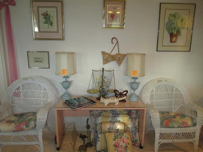 Vintage White Wicker Chairs In Great Shape, Lovely Colonial Blue Lamps, The Artwork Is Nice Too.  If You Like Caladiums Be Sure And Look At The Picture On The Right