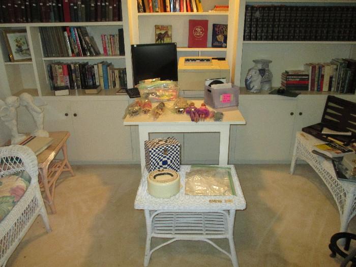 Vintage Wicker Tables, Interesting Books To Choose From, Vintage Mickey Mouse and 1960 45 RPM Carrying Cases, Barbie Dolls, HP Laser Jet 5
