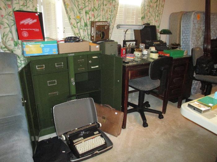 Vintage Industrial Metal Steelmaster File Cabinet, Vintage Typewriter and Desk