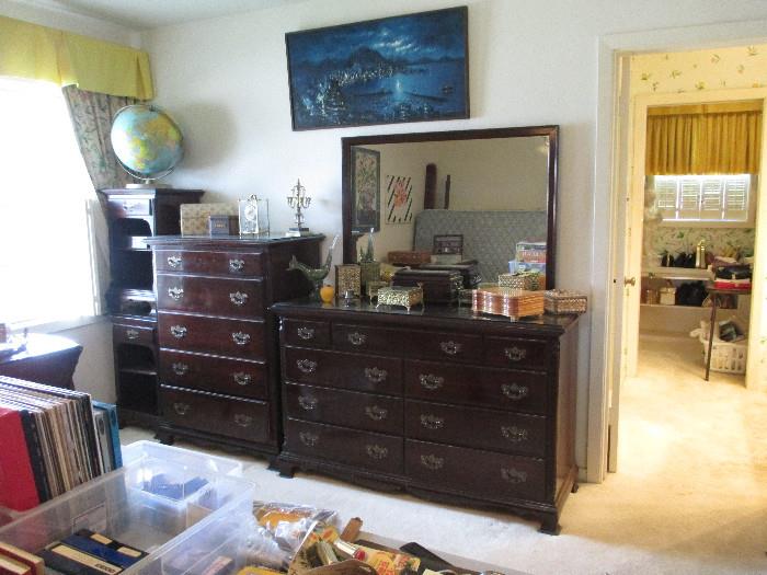 Vintage Mengel Dresser, Chest Of Drawers and Night Stands, Reference Globe, CM Lau Oil On Canvas Painting