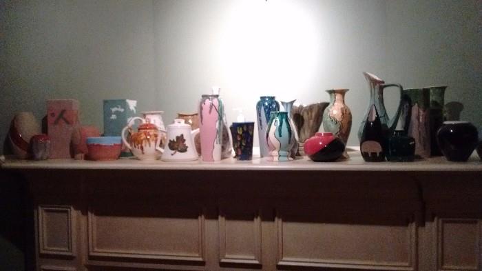 Various signed ceramic vases, one-of-a-kind, in assorted colors, sizes and shapes.