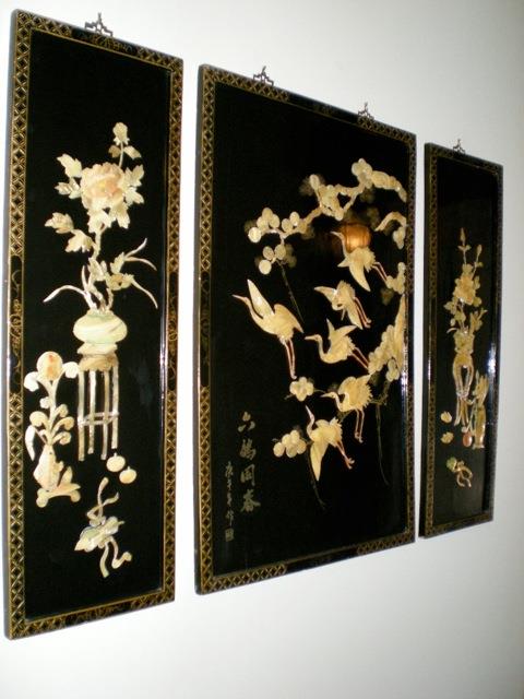 Chinese Lacquered 3-pc wall hanging, size 48w x 37h (all three pieces measured together)