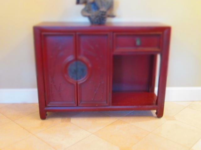 Mid-century "Century Furn." Chinese fruitwood cabinet, size 40w x 30h x14d.
