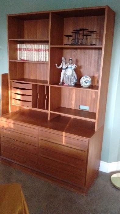 Midcentury 2-pc. bookcase/desk w/built-in drawers on top and 10 drawers in base.  Size 47w x  77 appx h.