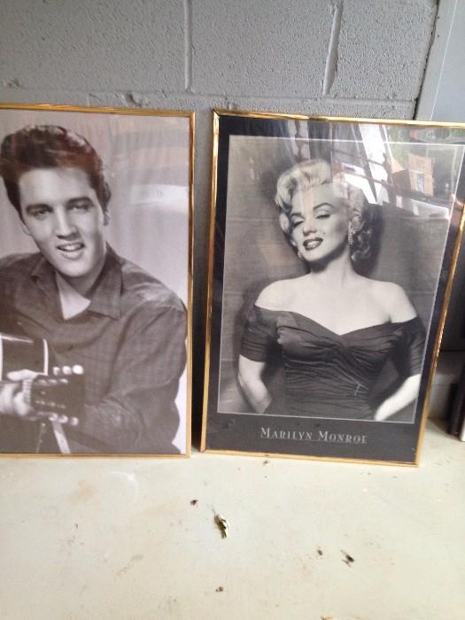 Large framed posters of Marilyn Monroe and Elvis Presley