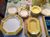 1970s gold Independence Ironstone dinnerware with teapot, salt and peppers, serving bowl, etc. Fun and Funky!