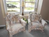 upholstered arm chairs, great condition, soft colors