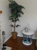 fire place irons, decor tree and side table