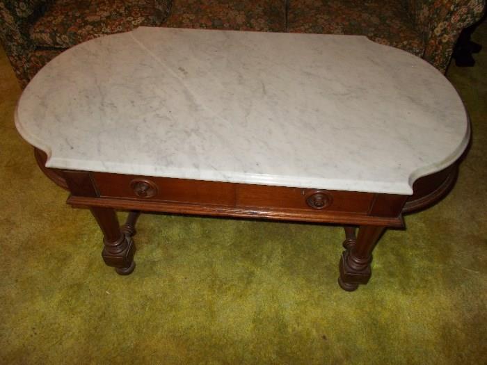 VINTAGE Walnut Coffee Table with White Marble - very nice!!!!!
