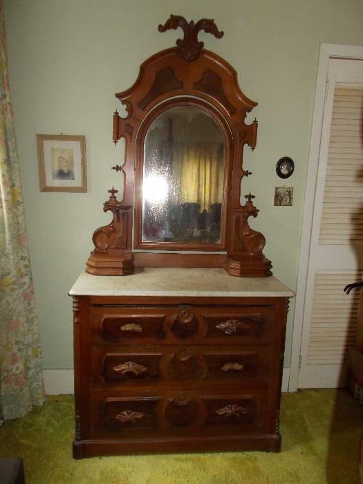 ANTIQUE Victorian Walnut Dresser with white Marble Top - Look at the Glove Boxes on the bottom of the mirror section - 3 drawers with wooden pulls - candle stands on either side - ABSOLUTELY GORGEOUS!!!!!!!!!!