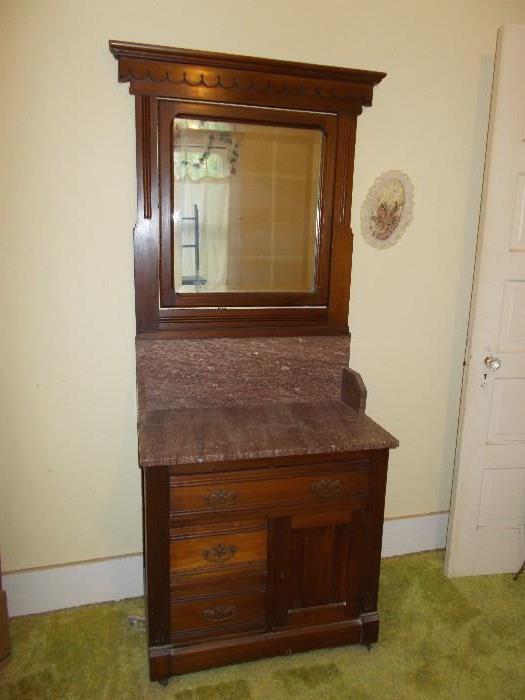 ANTIQUE Eastlake Walnut Wash Stand with BEAUTIFUL Purple Marble Splash Board & Table Top -- Has 1 long drawer; 2 small drawers; and a door!!!!!!  VERY NICE!!!!!!!!