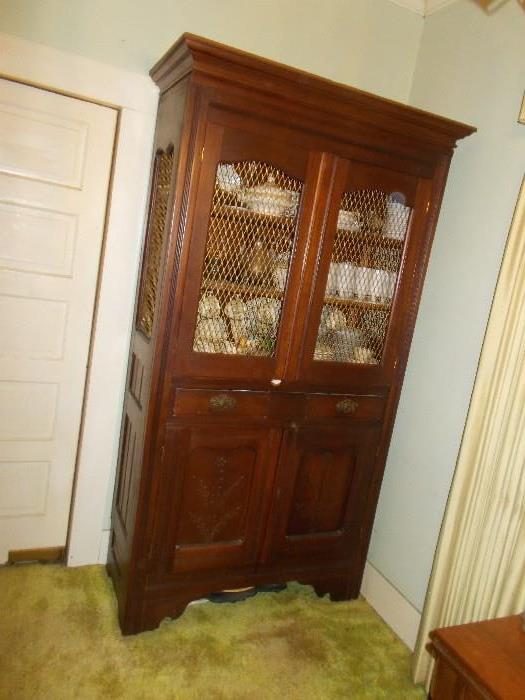 VINTAGE Walnut Pie Safe - wire front and sides on top - solid wood doors and sides on bottom - 72"+ tall!!!!