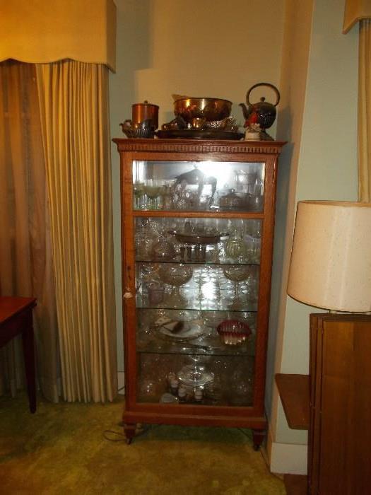 VINTAGE Oak China cabinet with Glass Doors and Sides - Filled with Collectible Glassware that will be unloaded for better viewing & buying!!!!!