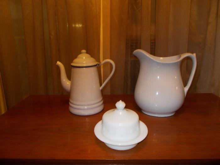 L to R : VINTAGE White Enamel Coffee Pot; VINTAGE Henry Alcock (England) Ironstone Pitcher; VINTAGE White Milk Glass Covered Butter Dish