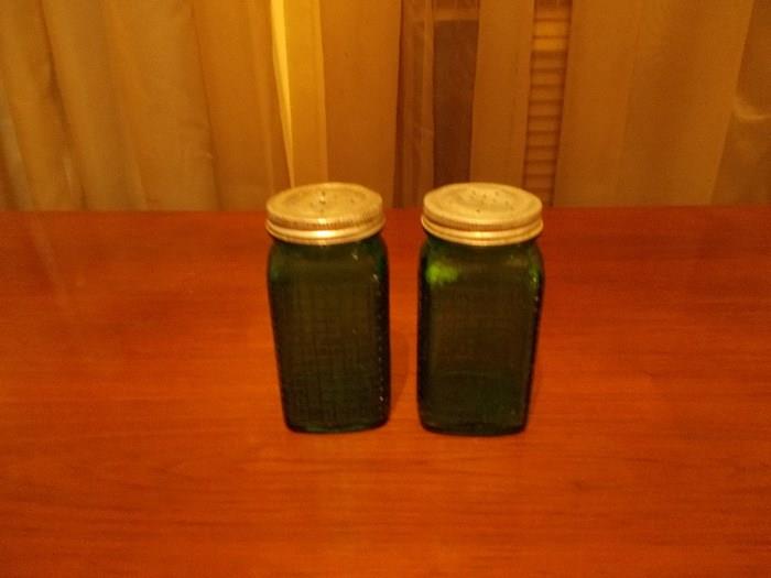 Depression Era Salt/Pepper Shaker with Original Tops - DARK Green - great condition!!!!!
