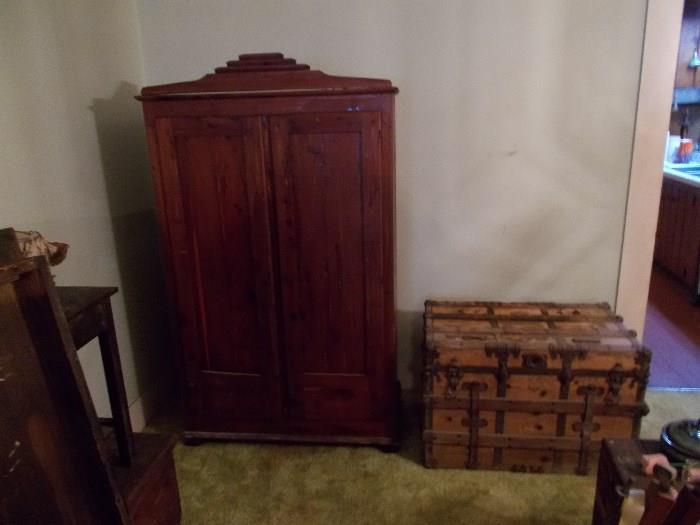 TALL Cedar Robe - 2 Doors - Taller than 72" - I am 6' tall - the cedar robe is taller than me (we found he key for this cedar robe!!!!!); Flat Top Trunk - has already been stripped of the canvas  -  has tray inside...
