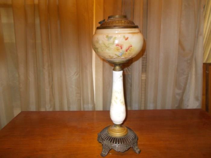 VINTAGE Hand Painted Oil Lamp - NOT ELECTRIFIED!! - Brass Base and Top - Cool!!!!! - 18.5" Tall