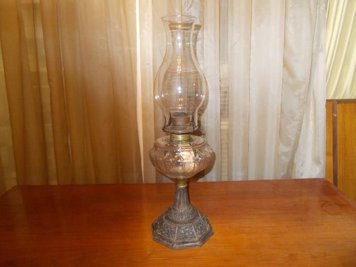 VINTAGE Iron & Glass Oil Lamp - NOT ELECTRIFIED!! - 18.5" Tall with Globe - NICE!!!!