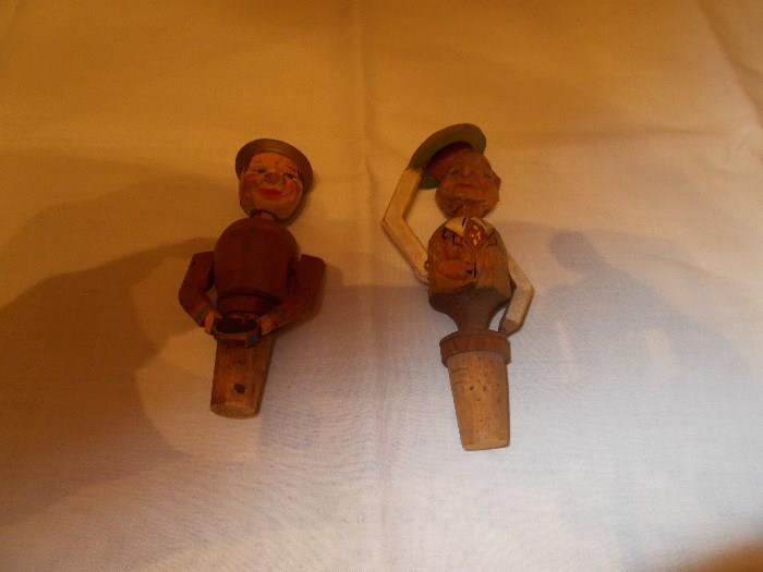 Wooden Carved/Painted Bottle Stoppers - possibly German - Arms Moveable - Sold as a Pair!!!!! UNUSUAL!!!