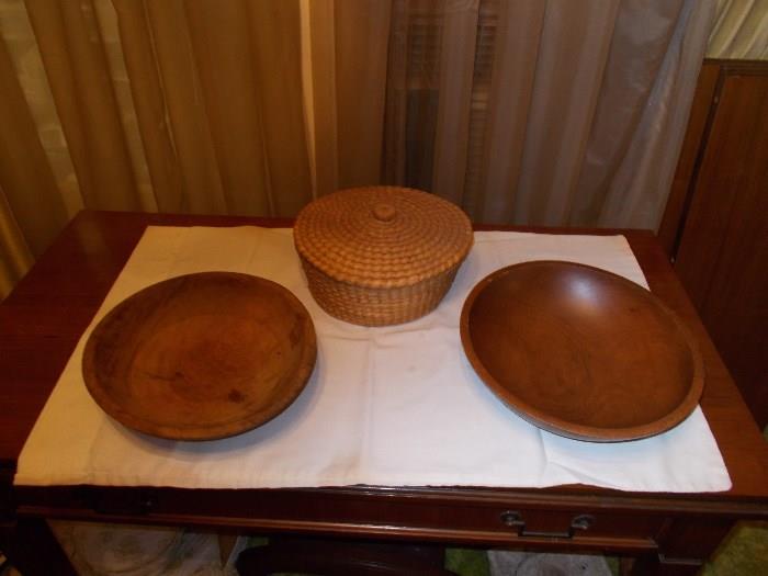 2 Wooden Dough Bowls & 1 Woven Basket 