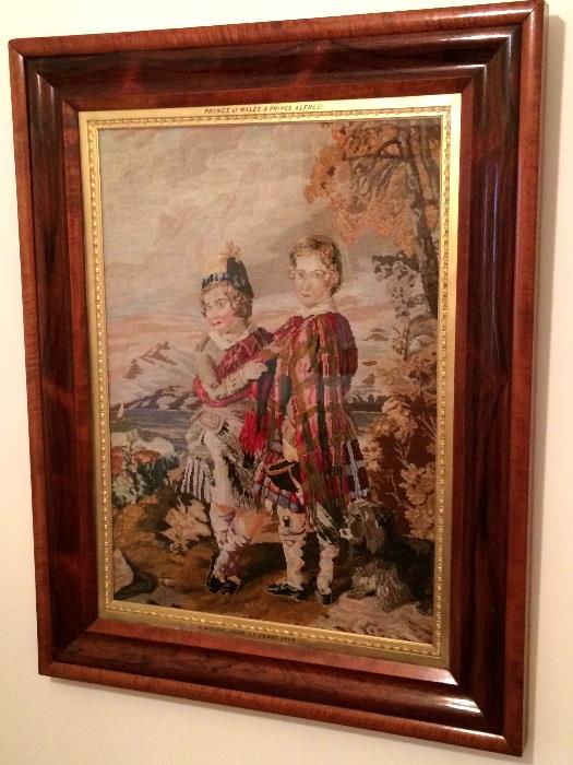 Gorgeous Mahogany Framed Needlepoint Sampler of Prince of Wales & Prince Alfred                              (Dated: 1869,  A. Taylor 14 yrs of age ) Rare find.   Who Later became King Alfred, husband of Queen Victoria. 1840 - 1862
