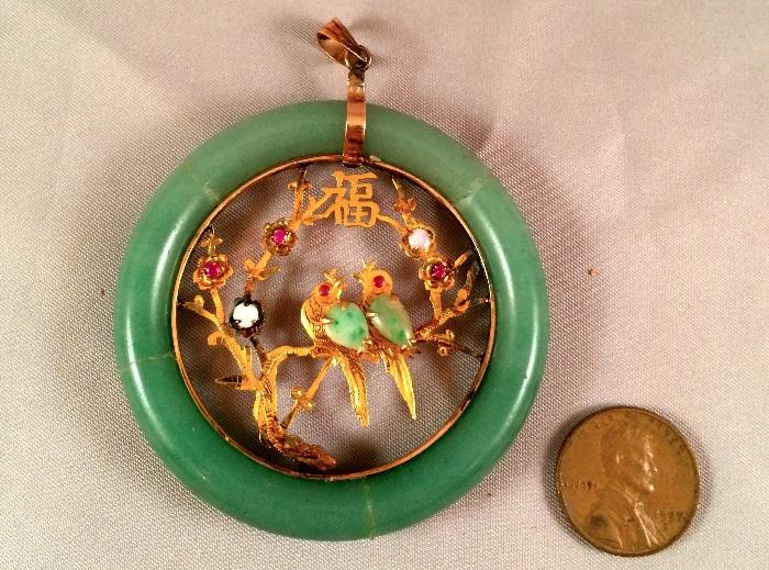 10k jade, opal and garnet pendant