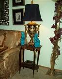 End table, lamp plus statuary.