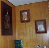 Pair of mirrors plus artwork. Really nice peacock plate - one of a pair.