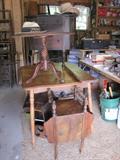tin lined smoking stand, ornate side table, Martha Washington sewing stand & and a country table