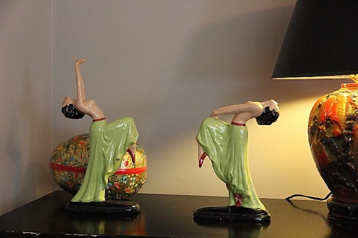 Dramatic, free-spirited topless art deco dancing ladies (not perfect - base on the lady on the right has been repaired - but how often do you come across things like this??)
