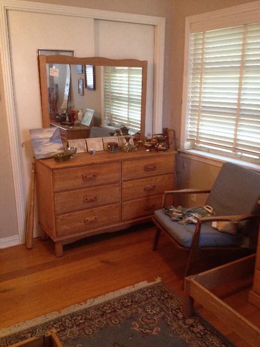 Ranch Oak Dresser With Mirror, Decorative Items, Midcentury Arm Chair