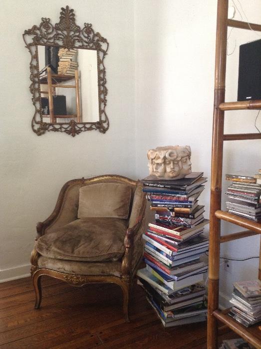 ...Swan Chair with Antiqued Velvet, Gilded Metal Framed Mirror, Books, Cast Stone Planter, Bamboo Etagere...