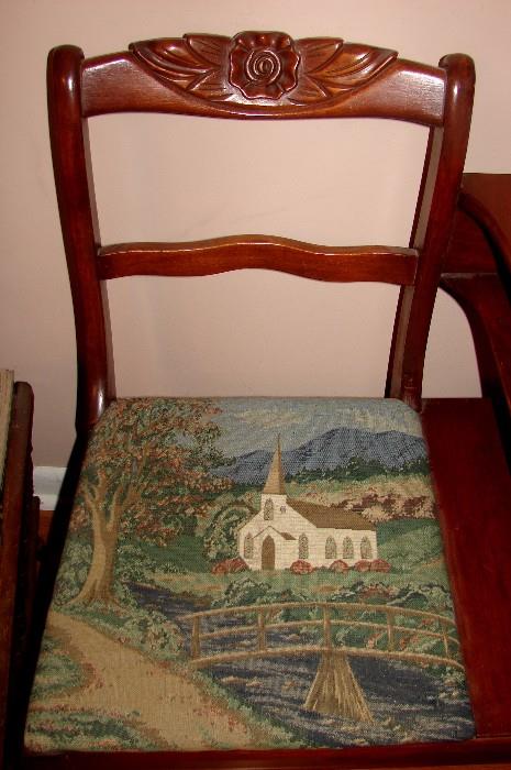 Pretty tapestry chair fabric in a pastoral setting really makes this Gossip chair stand out