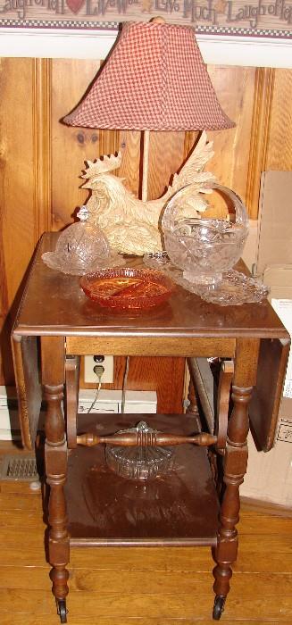 Vintage end table, rooster lamp and some pressed glass