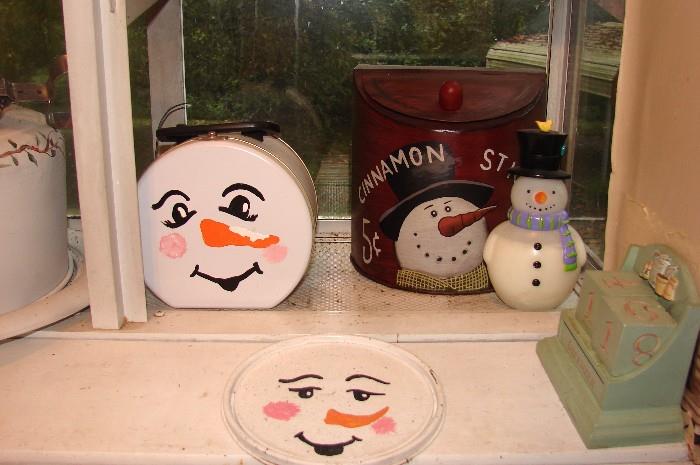 Sweet Sniwman themed painted vintage kitchen items
