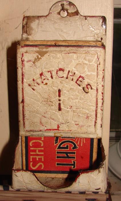 Vintage metal matchbox holder and matches