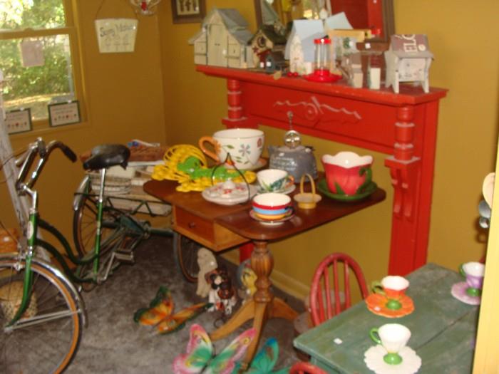 3 Wheel Bicycle, Fireplace Mantel, Childs Desk and loads of collectibles!