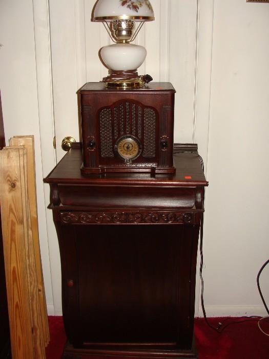 Classic Antique Radio, Antique Music Record Cabinet and Milk Glass Lamp