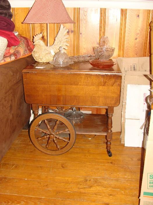 Antique Tea Cart, and one of a pair of chicken table lamps, plus collectibles