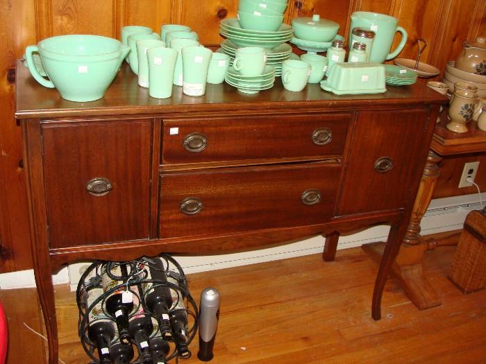Antique Hepplewhite style buffet, plus china, wine bottles and collectibles