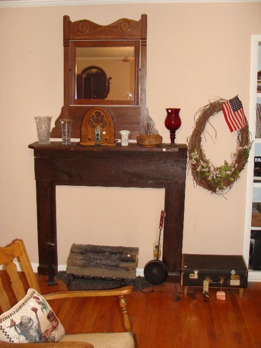 Antique Fireplace mantle, Framed dresser mirr